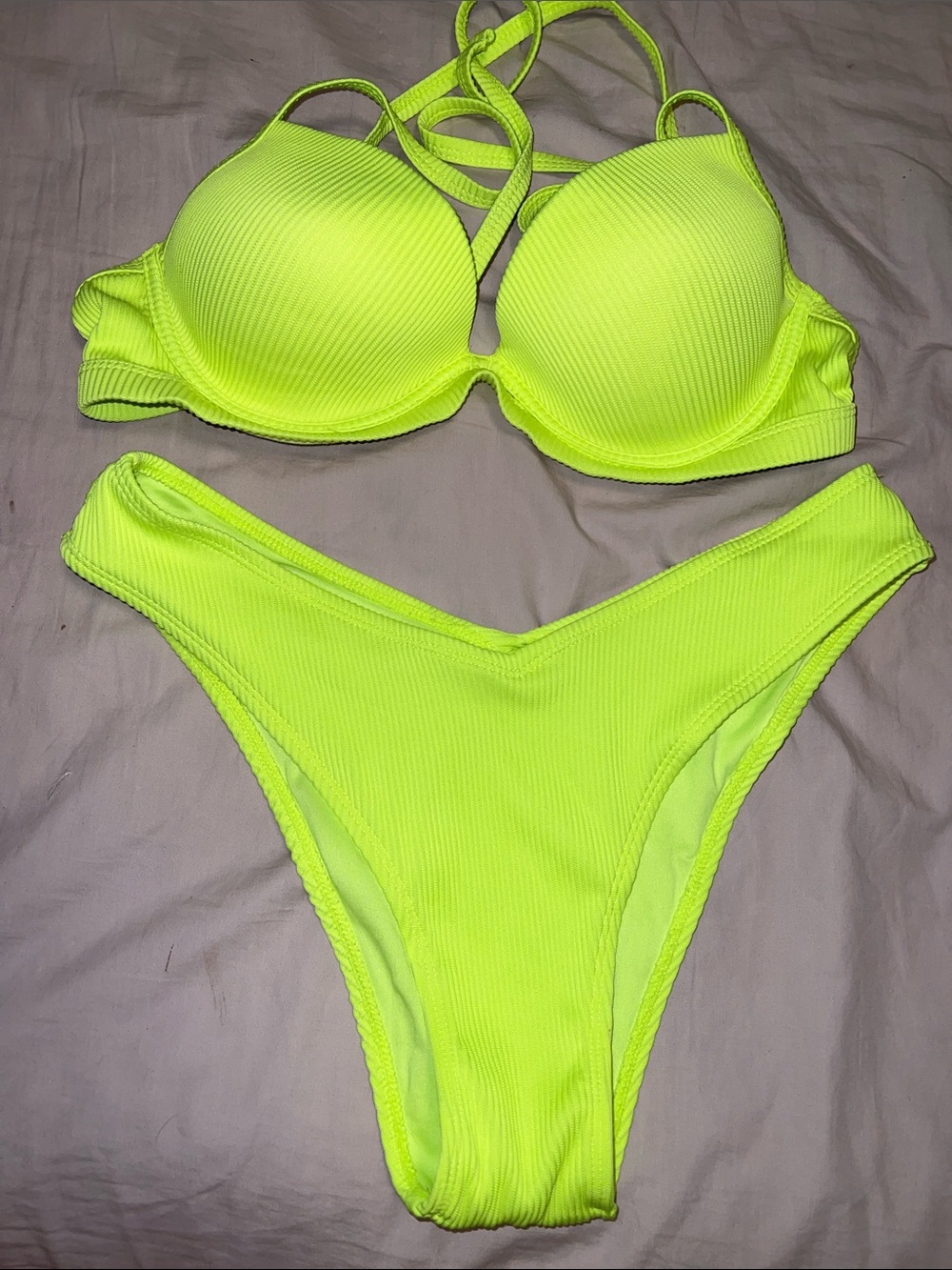 Neon Yellow Ribbed Push-Up Bikini Set - Women Swim